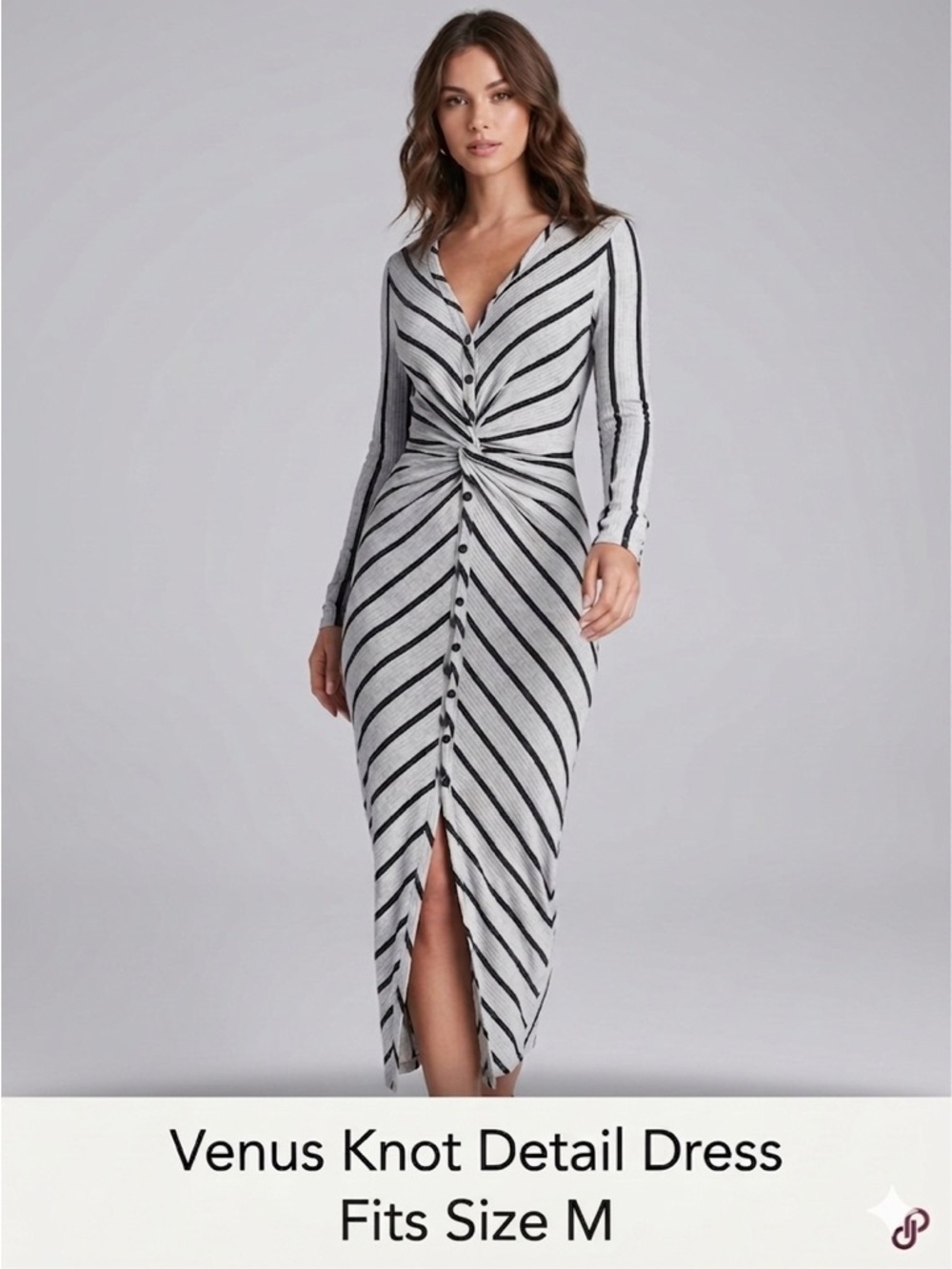 Venus Gray & Black Striped Knot Front Maxi Dress - Size M